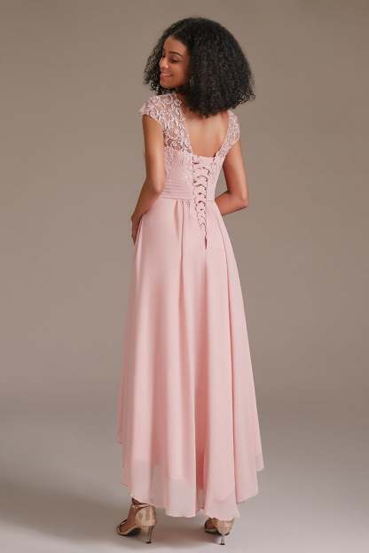 Pink Cap Sleeve Applique Bridesmaid Dress with Pockets