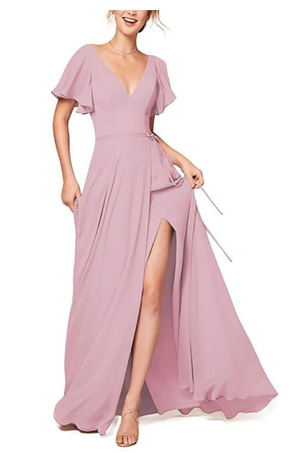 Chiffon Short Sleeves Bridesmaid Dress with Slit