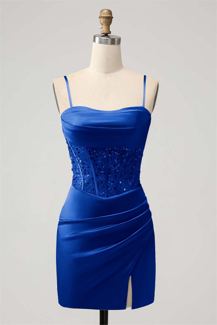 Green Sequins Spaghetti-Straps Short Mini cocktail Dress