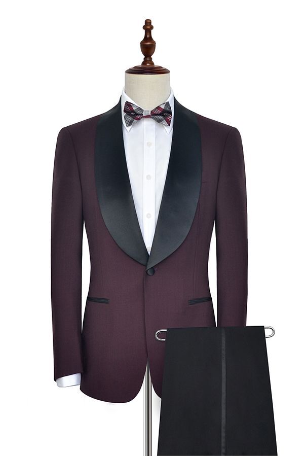 Luxury Black Shawl Collar Burgundy One-Button Wedding Suits for Men