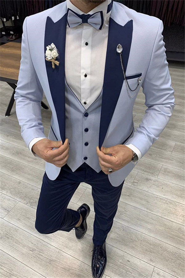 Popular Sky Blue Slim-Fit Peaked-Lapel Men's Suits (Three-Piece Set)