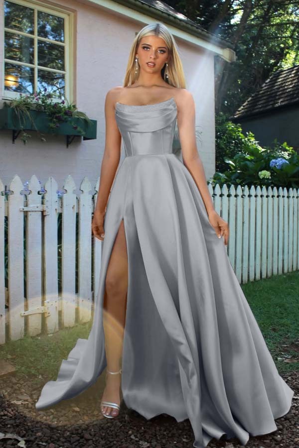 Strapless Sleeveless A Line Long Formal Dress With Split Pleated