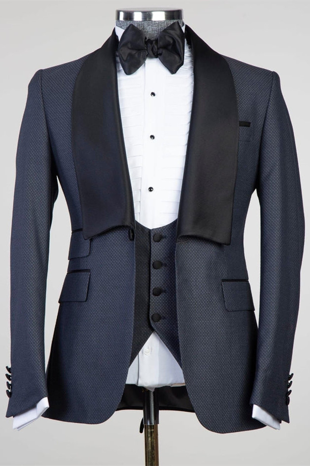 Cliff Fashion Slim Fit Dark Blue Shawl Lapel Three-Piece Men's Suits