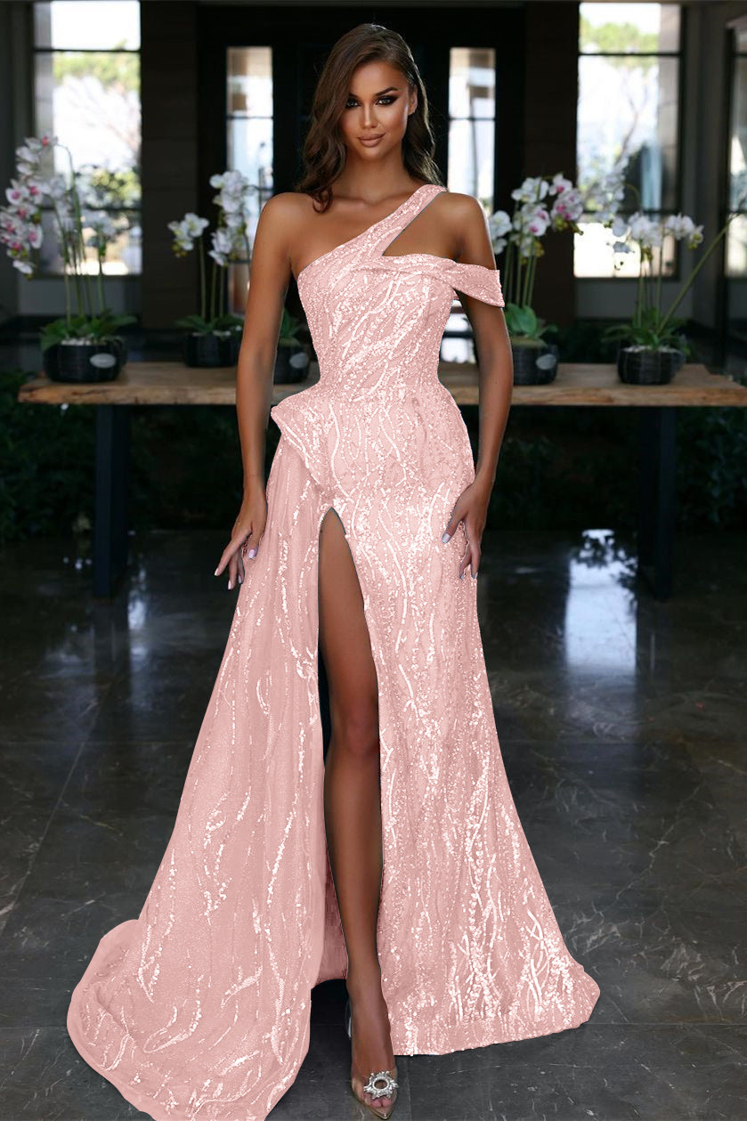 Ocean Blue Off-the-Shoulder Slit Evening Dress With Gorgeous Sequins