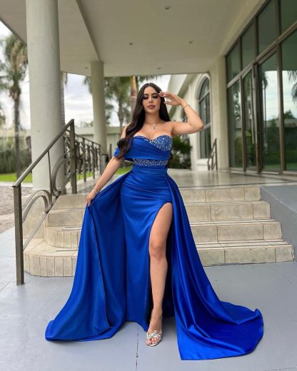 Shining Royal Blue One Shoulder Sleeveless Long Split Formal Dress With Beading
