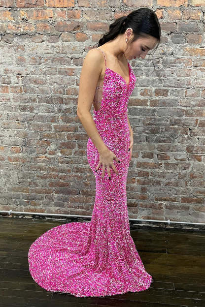 Hot Pink Backless Prom Dress with Mermaid Spaghetti Straps