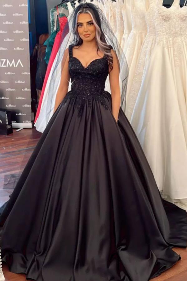 Floor-Length Black Sweetheart Wide Straps Ball Gown Wedding Dress with Ruffles Satin