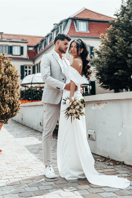 Charmeuse Off-the-Shoulder Wedding Dress with Split