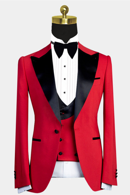 Davis Red Slim Fit Black Lapel Men's Suit with Peaked Lapel