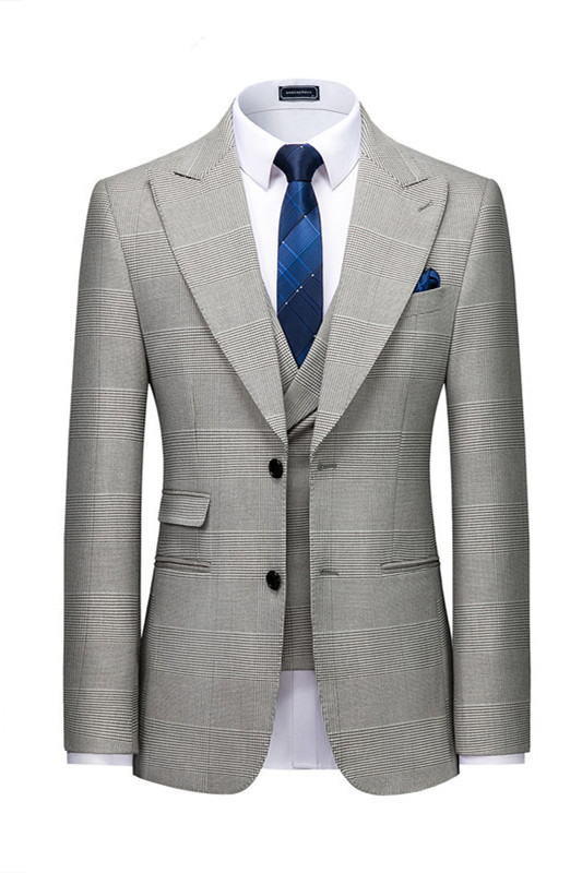 High-Quality Plaid Tuxedo with Gray Peaked Lapel Suit for Prom