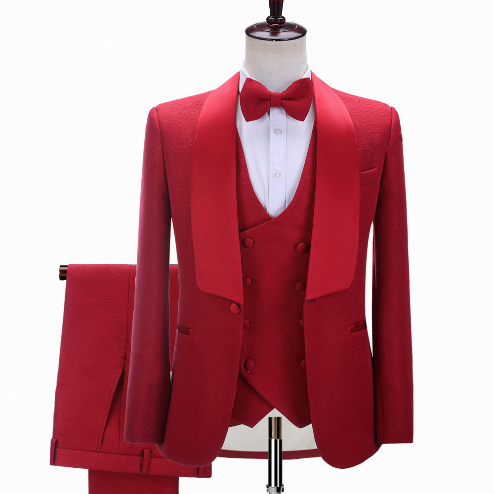 Glamorous Slim Fit Red Three-Piece Shawl Lapel Wedding Suit for Men
