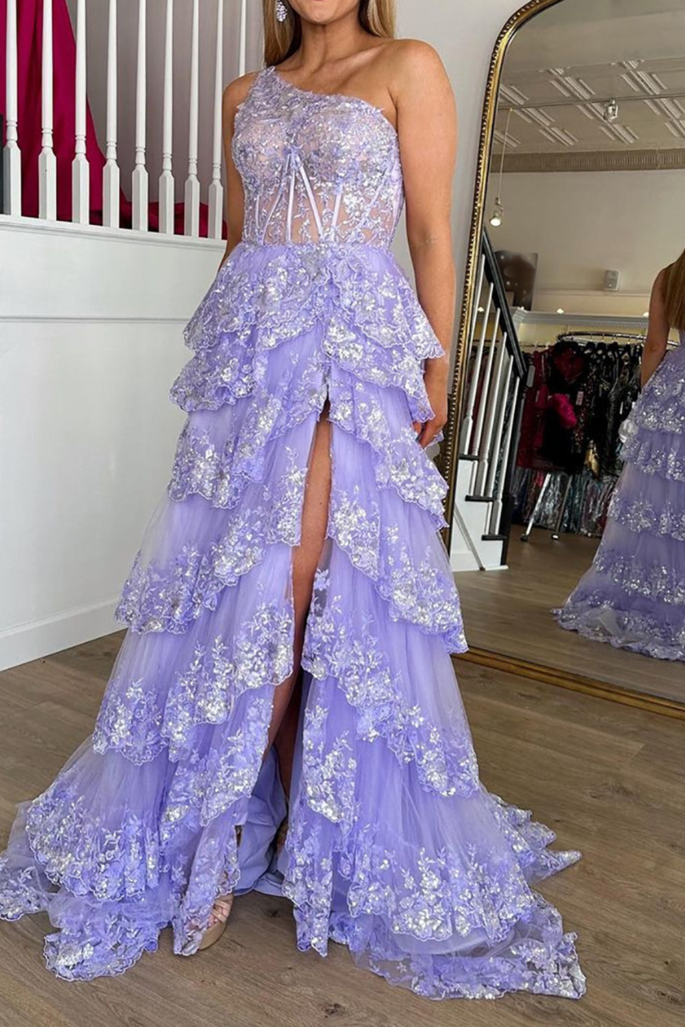Light Purple Long Prom Dress with One Shoulder and Lace Ruffles in A-Line Princess Style