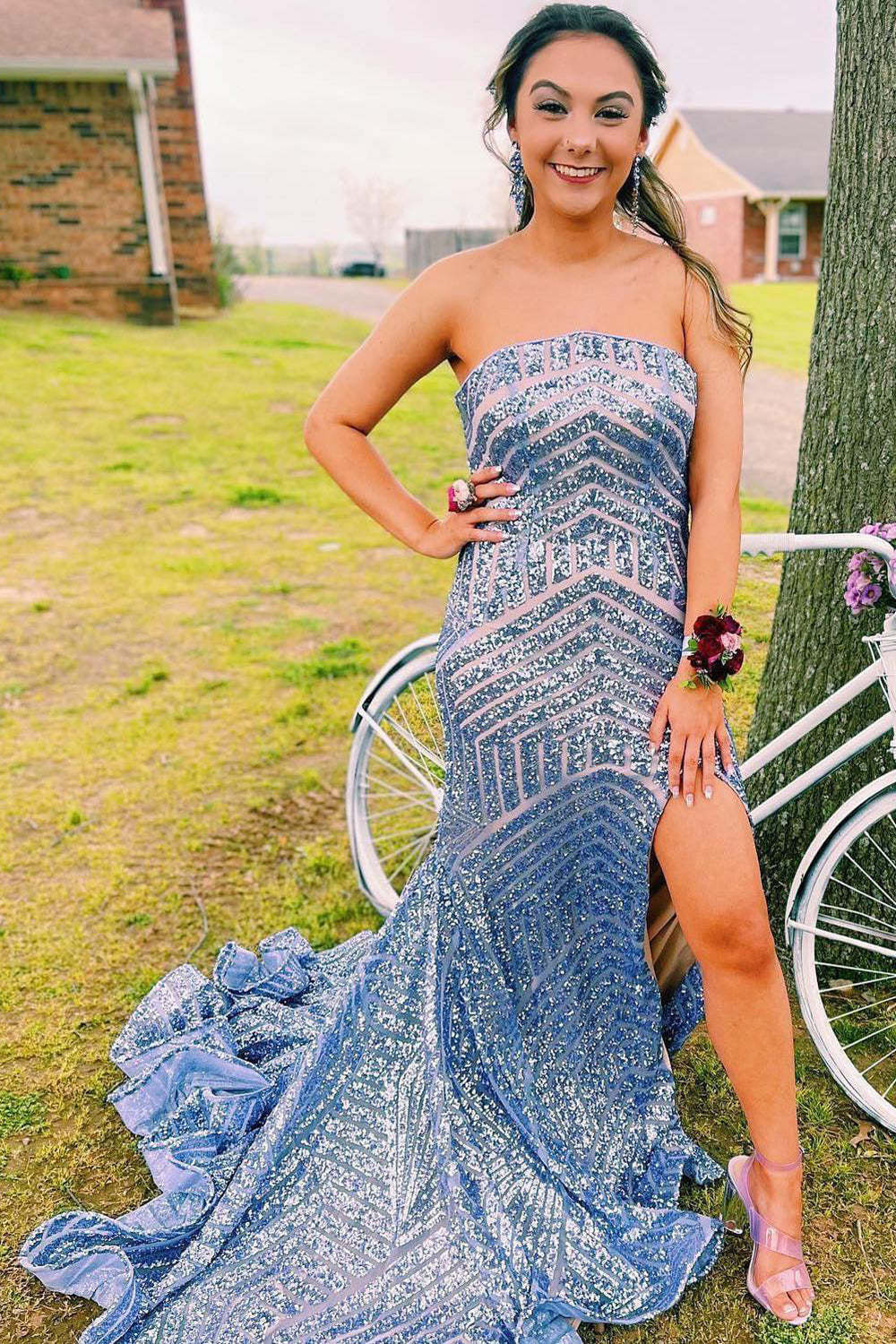 Long Strapless Prom Dress with Sky Blue Sequins