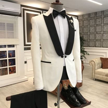 Elegant White Mixed Black Peaked Lapel One-Button Prom Suits for Guys