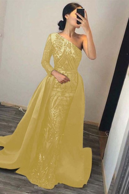 Dark Green Overskirt One Shoulder Long Sleeve Mermaid Formal Dress With Sequins
