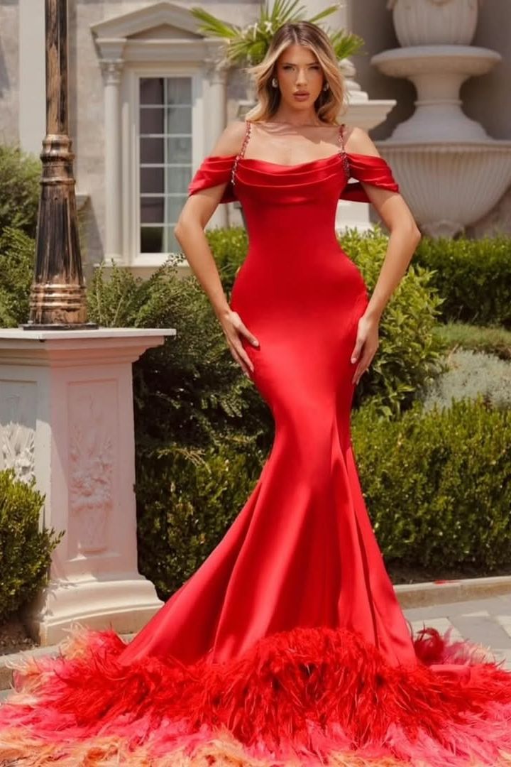 Amazing Red Satin Spaghetti Strap Off-The-Shoulder Mermaid Prom Dress With Feathers