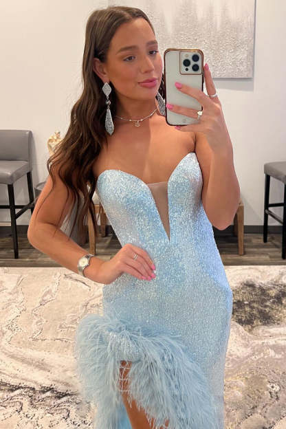 Long Light Blue Sequined Prom Dress with Feather for Sweethearts
