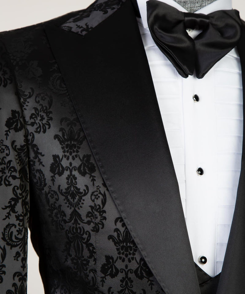 Formal Bespoke Black Peaked Lapel Three-Piece Jacquard Men's Suits