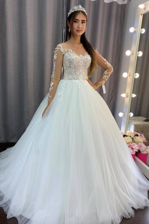 Simple Long Sleeves A-Line Tulle Wedding Dress with Lace