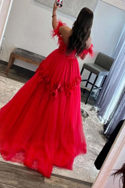 Long Red Prom Dress with Feathers in an Off-the-Shoulder A-Line Design