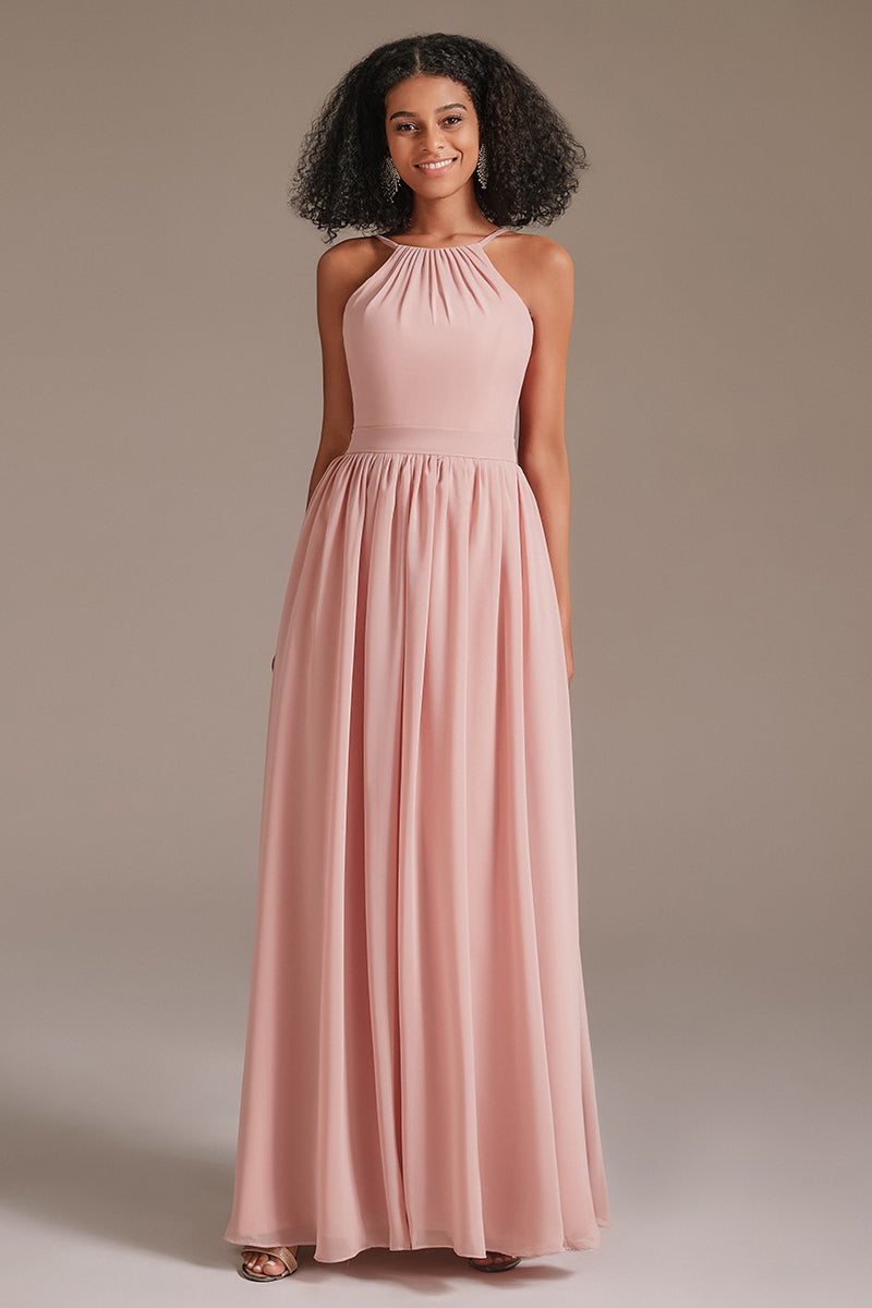 Chiffon Pink Halter Bridesmaid Dress