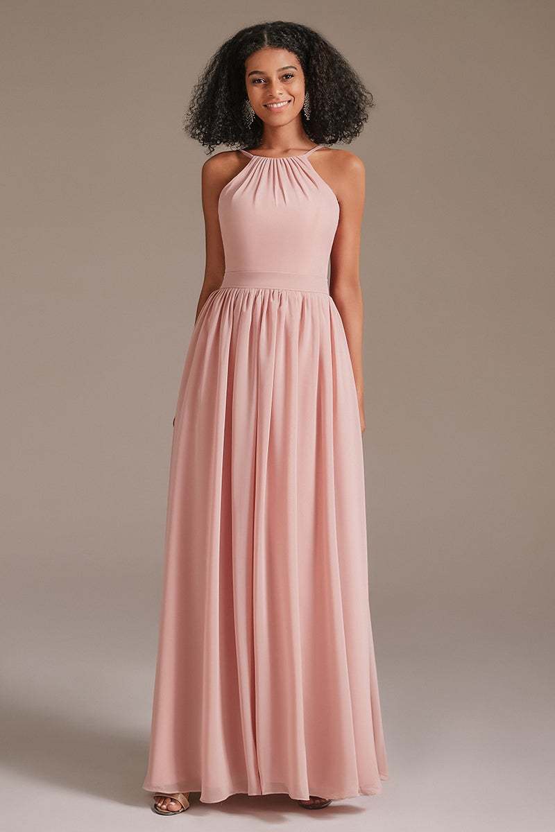 Chiffon Pink Halter Bridesmaid Dress
