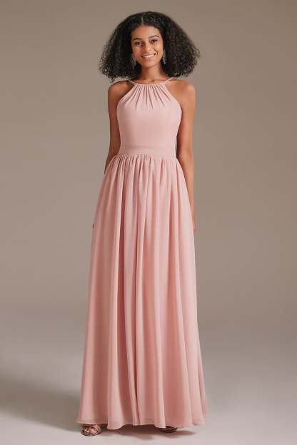 Chiffon Pink Halter Bridesmaid Dress