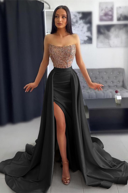 Strapless Dark Pink Slit Mermaid Prom Dress With Chic Sequins Ruffles Appliques