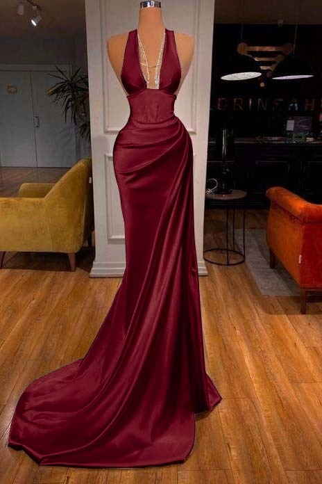 Halter Deep V Neck Sleeveless Mermaid Long Formal Dress Elegant With Ruffles
