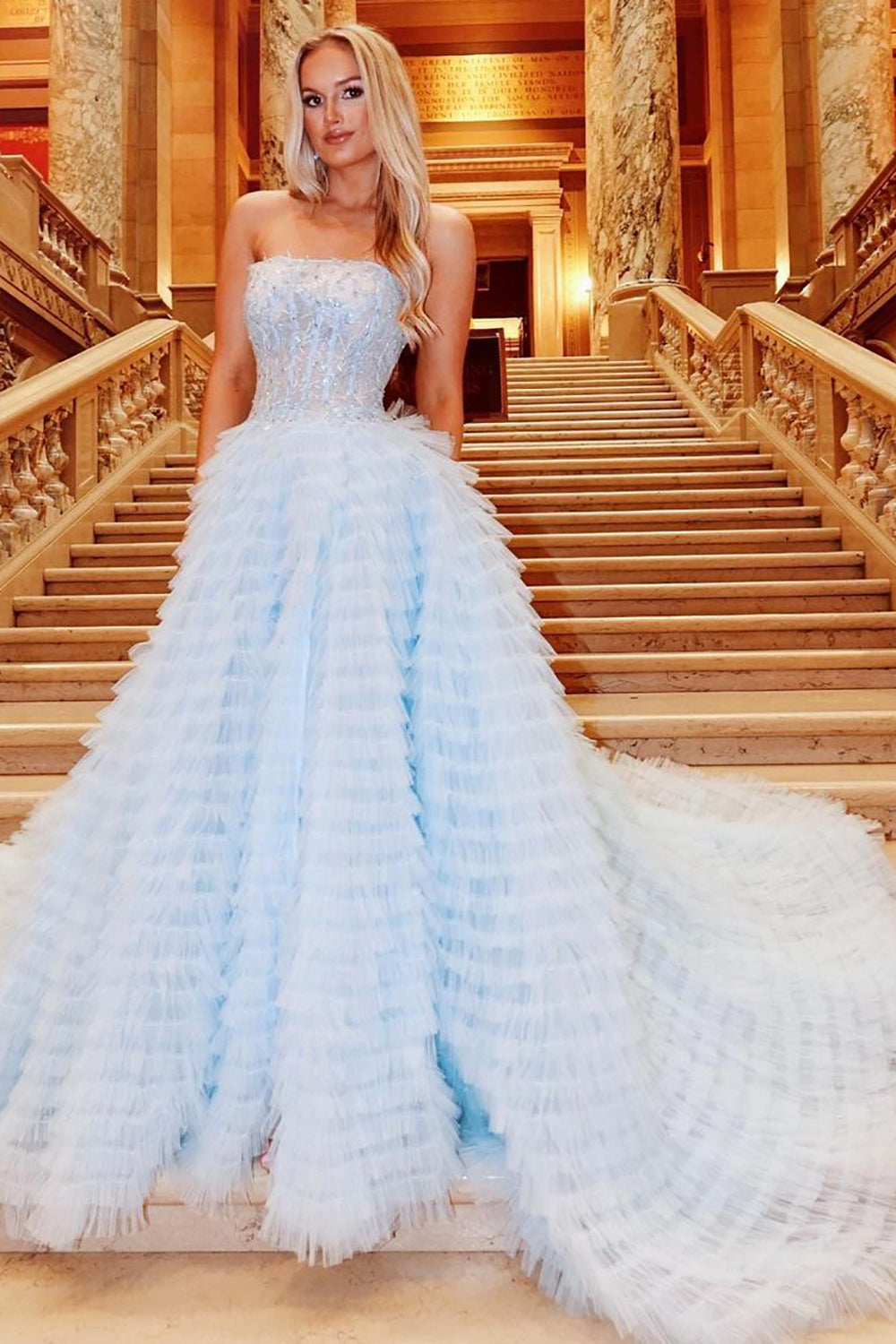 Light Blue Strapless A-Line Prom Dress with Ruffles and Long Hem