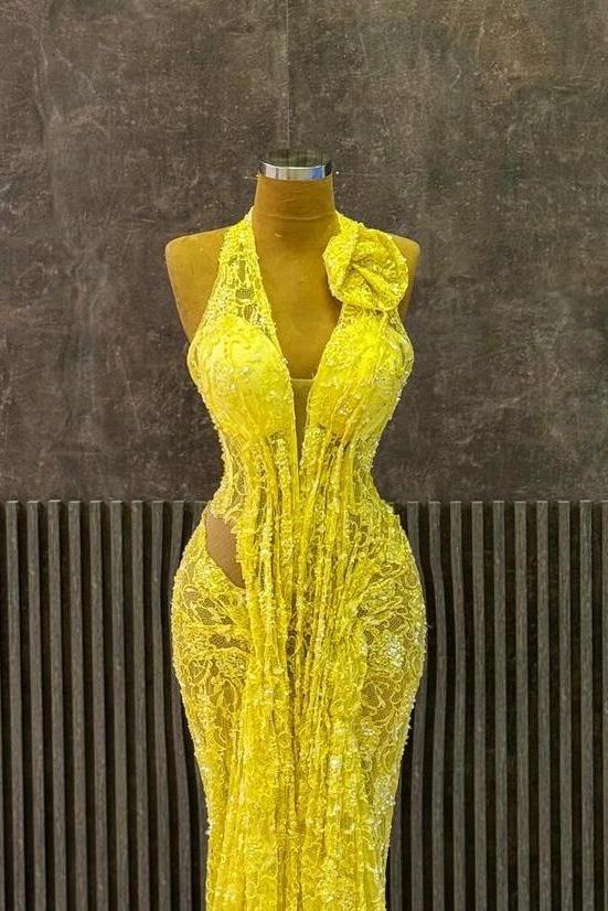Yellow Lace Halter Neck Sleeveless Mermaid Long Formal Dress With Ruffles