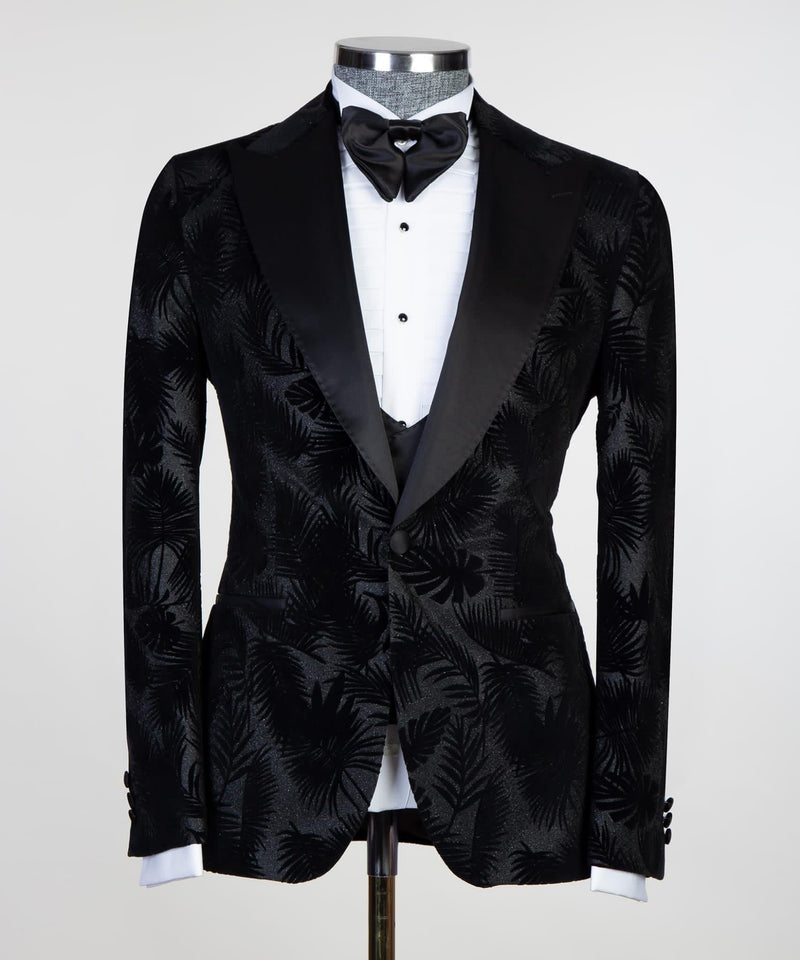 David Modern Black Peaked Lapel Jacquard Three-Piece Men's Suits