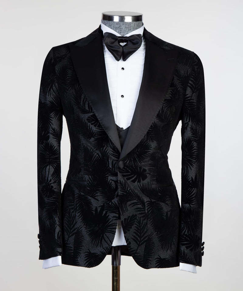 David Modern Black Peaked Lapel Jacquard Three-Piece Men's Suits