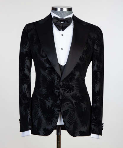 David Modern Black Peaked Lapel Jacquard Three-Piece Men's Suits