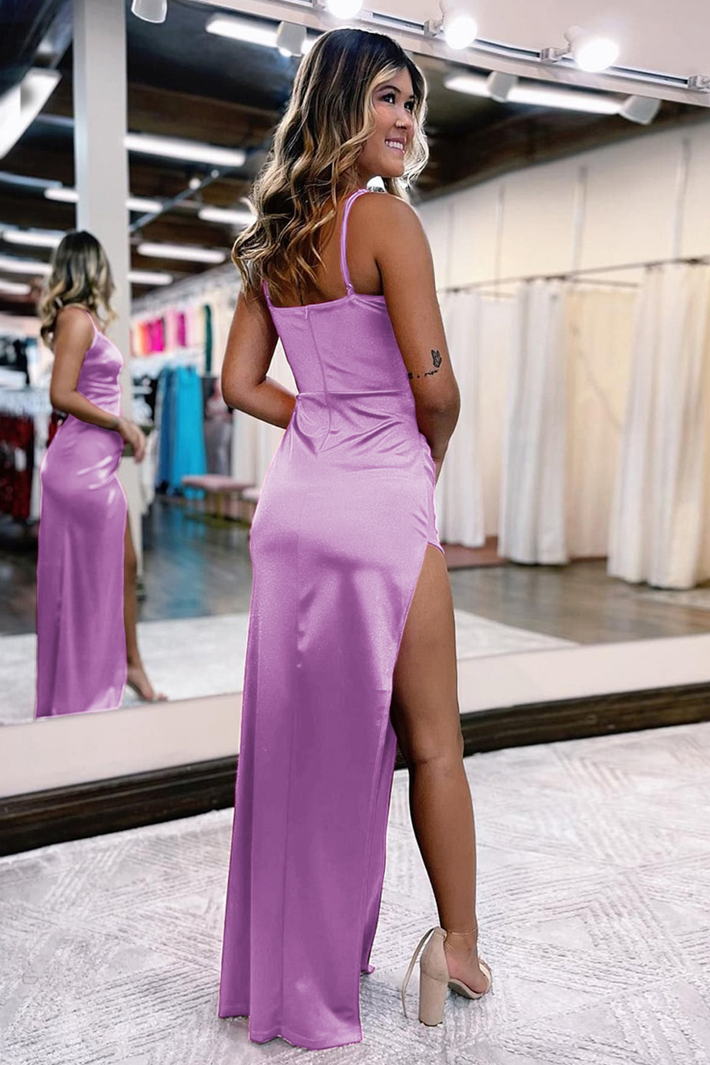 Simple V-Neck Prom Dress in Hot Pink Satin with Slit