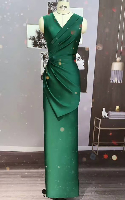 Long Dark Green Ruched Bridesmaid Dress