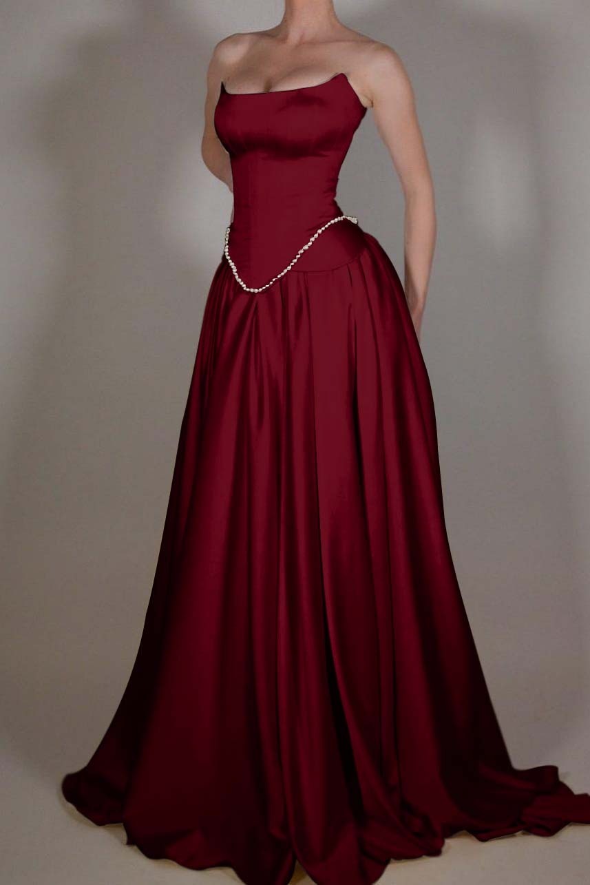 Strapless Sleeveless Long A Line Formal Dress With Pleated Beading