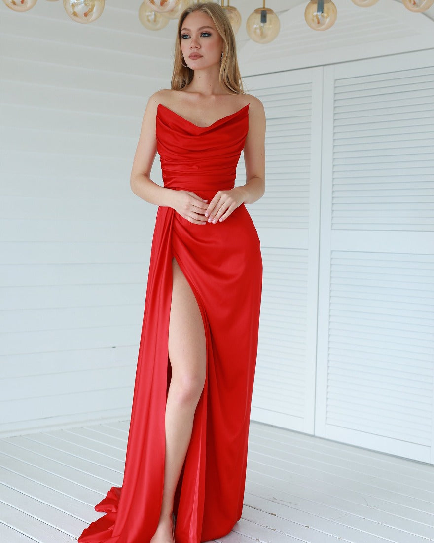 Fashionable Satin Maxi Strapless Wedding Guest or Prom Dress