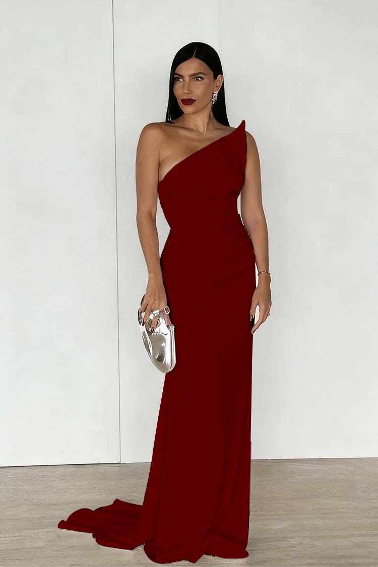 Red Strapless Sleeveless Long Mermaid Formal Dress With Pleated