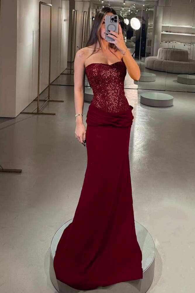Strapless Sleeveless Long Mermaid Formal Dress With Pleated Sequins