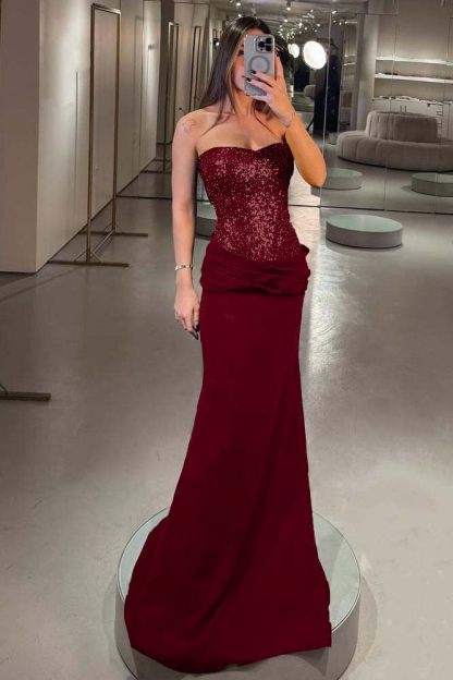 Strapless Sleeveless Long Mermaid Formal Dress With Pleated Sequins