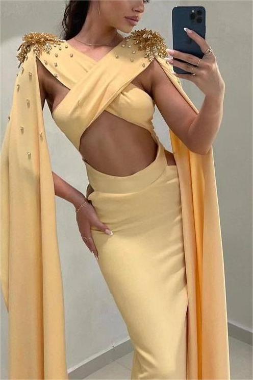 Glamorous Daffodils Sleeveless Long Pleated Formal Dress Online With Beadings