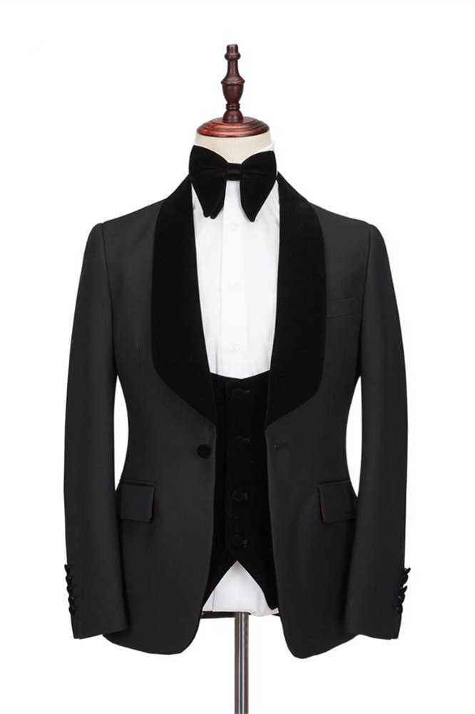 Classic Stitching One-Button Velvet Shawl-Lapel Black Men's Formal Wedding Suit (Tuxedo,)