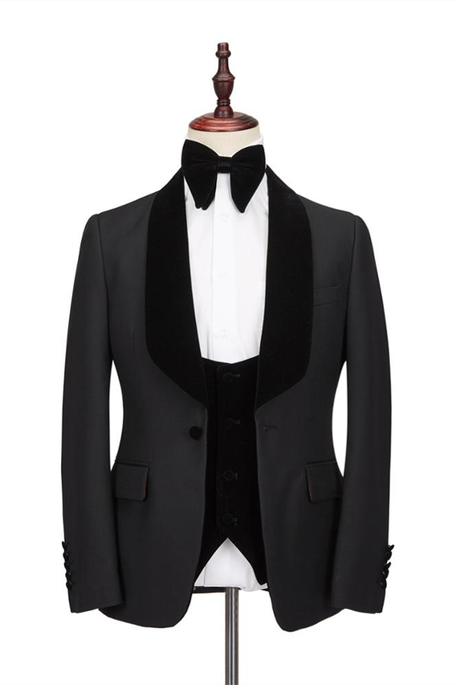 Classic Stitching One-Button Velvet Shawl-Lapel Black Men's Formal Wedding Suit (Tuxedo,)