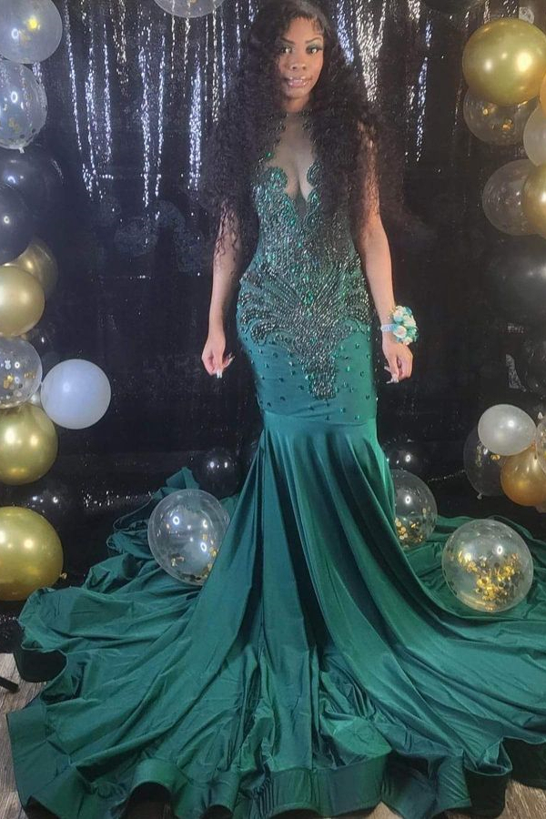 Dark Green Sleeveless Beading Mermaid Evening Dress