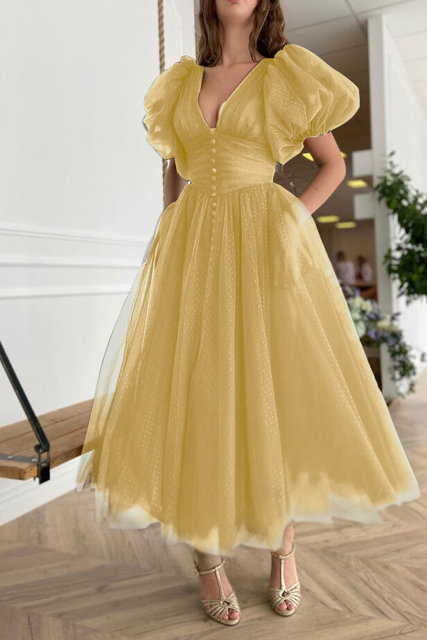 Dark Green Evening Dress A-Line With Short Sleeves V-Neck