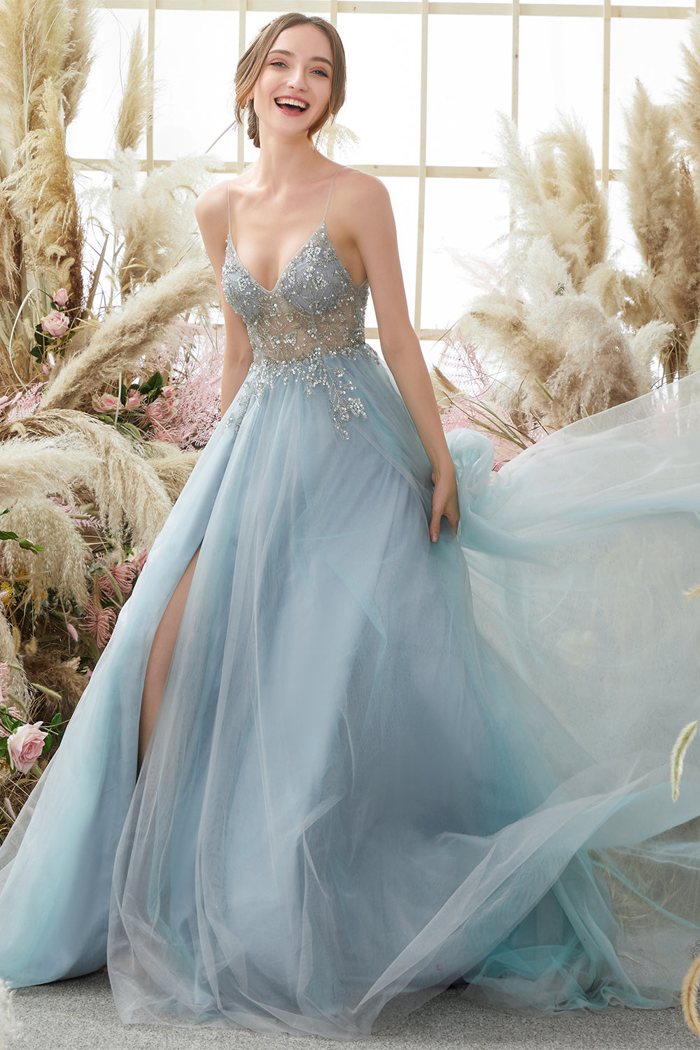 Prom Dress in Light Blue with Beaded Tulle