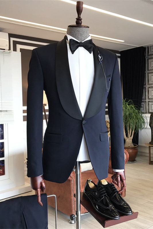 Fashion One-Button Dark Navy Shawl Lapel Wedding Men's Suits
