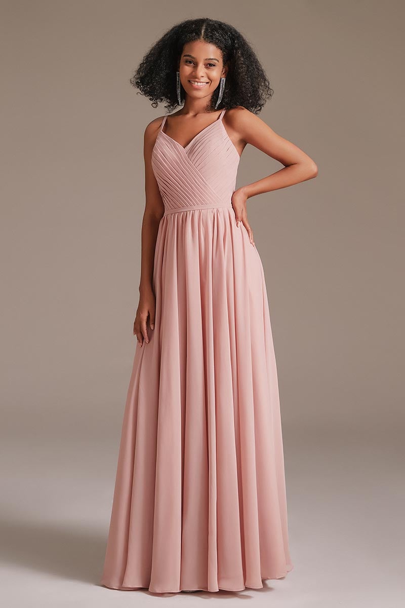Chiffon Spaghetti-Straps Pleated Pink Bridesmaid Dress