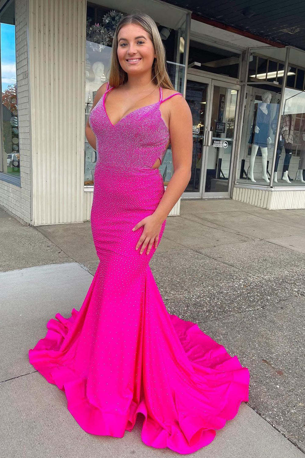 Fuchsia Long Prom Dress with Mermaid Spaghetti Straps and Sweep Train